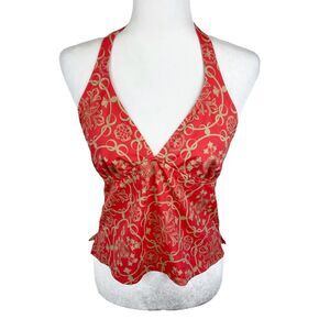 Jantzen Tankini Women 12 Orange Floral Print Halter Swim Beach Tank Top Active